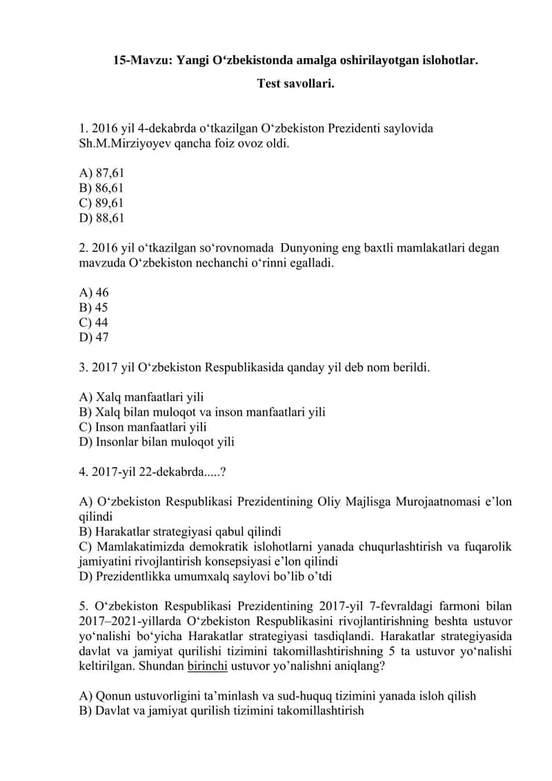 Yangi O‘zbekistonda amalga oshirilayotgan islohotlar. Test savollari. 1