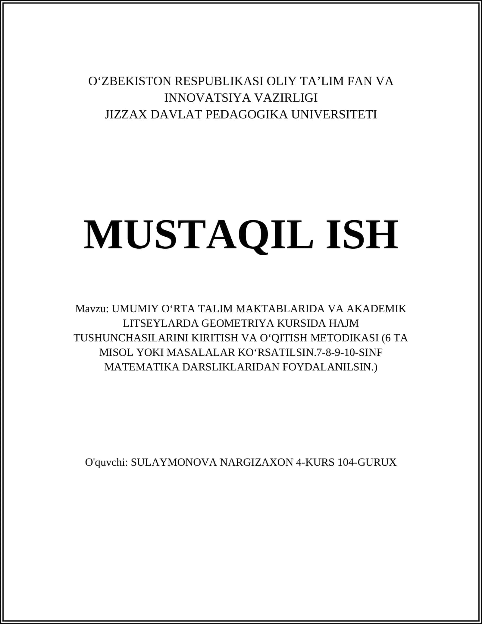O'RTA TALIM GEOMETRIYA KURSIDA HAJM TUSHUNCHALARI 1