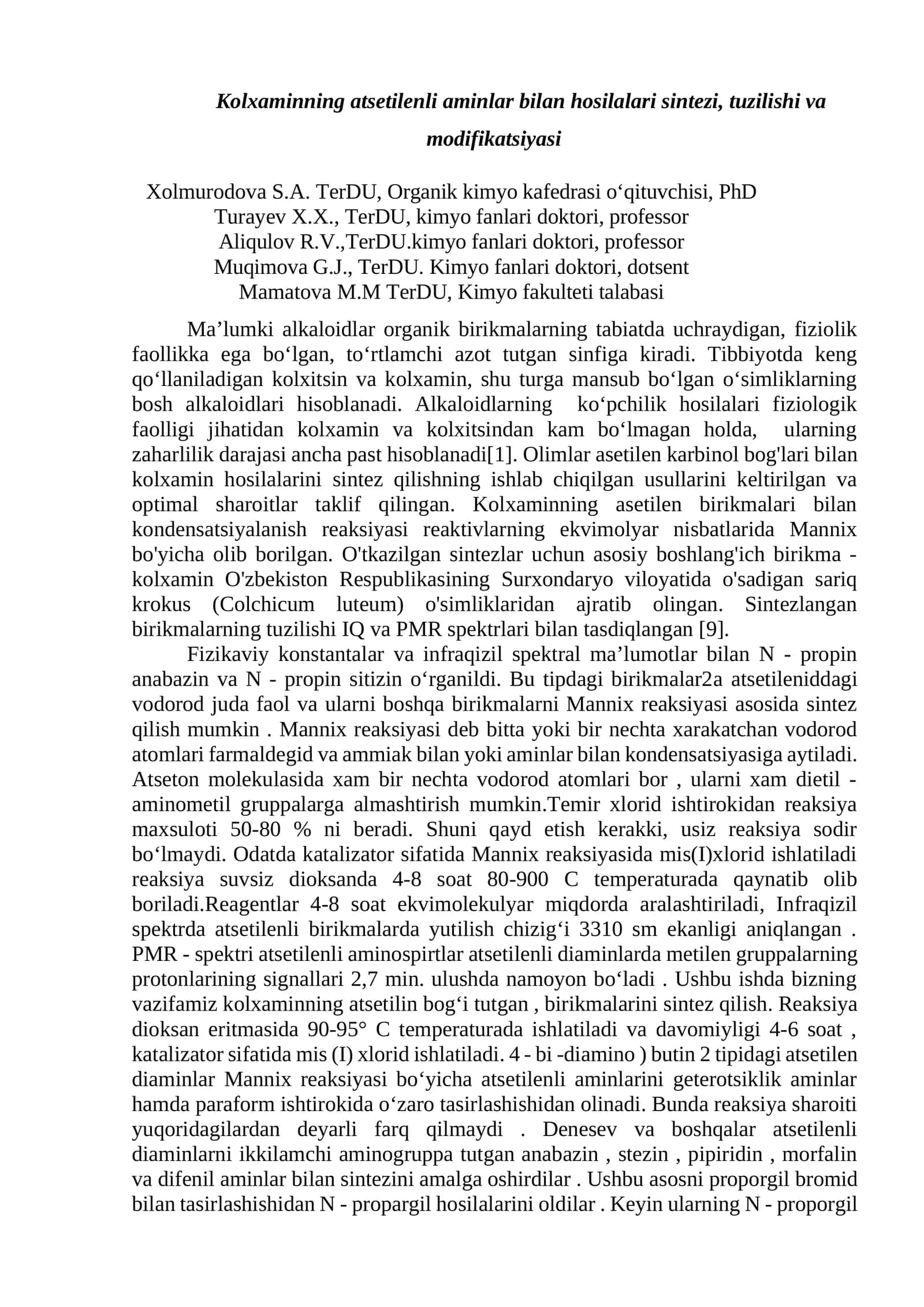 Kolxaminning atsetilenli aminlar bilan hosilalari sintezi, tuzilishi va modifikatsiyasi 1