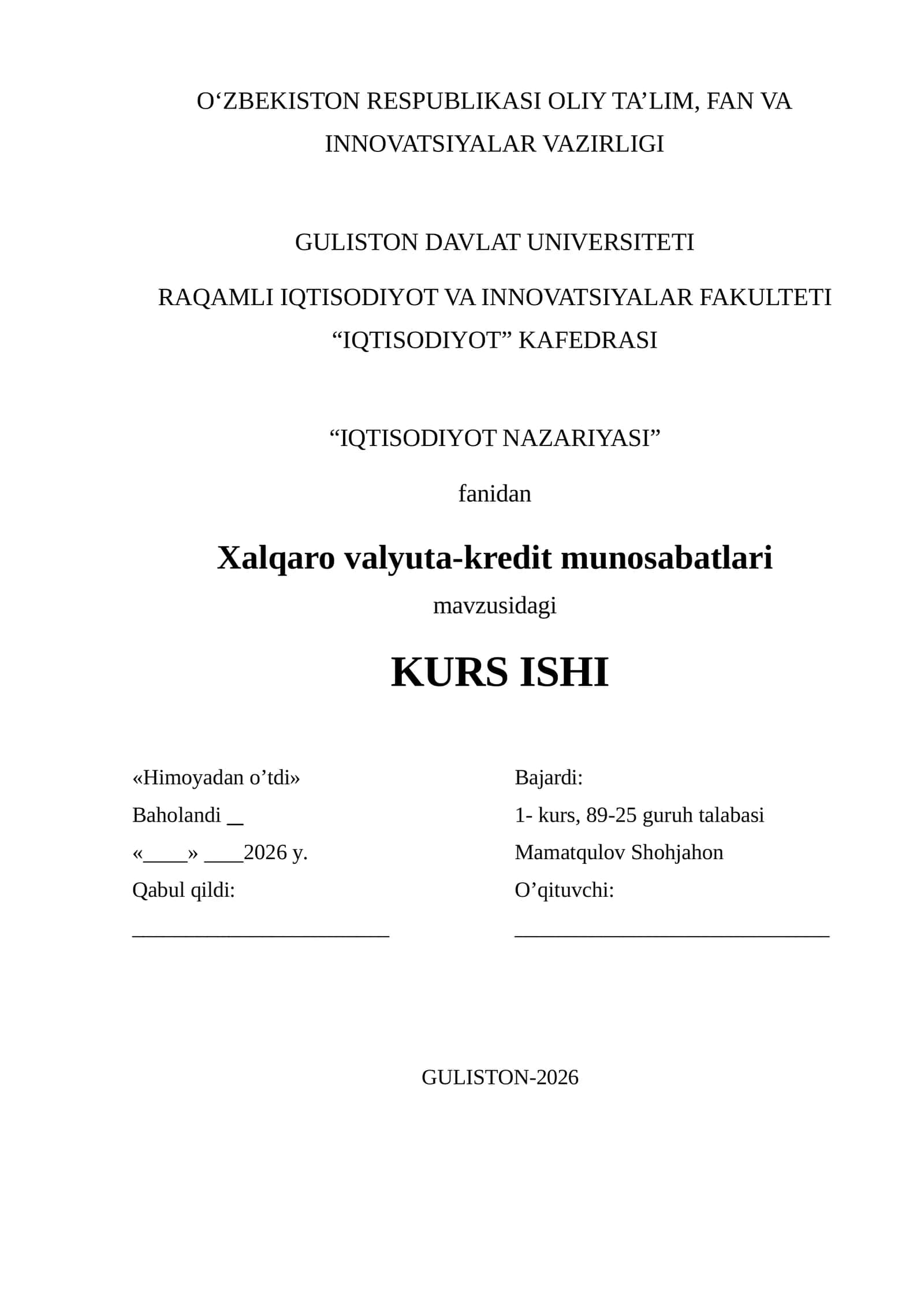 Xalqaro Valyuta-Kredit Munosabatlari Kurs Ishi 1