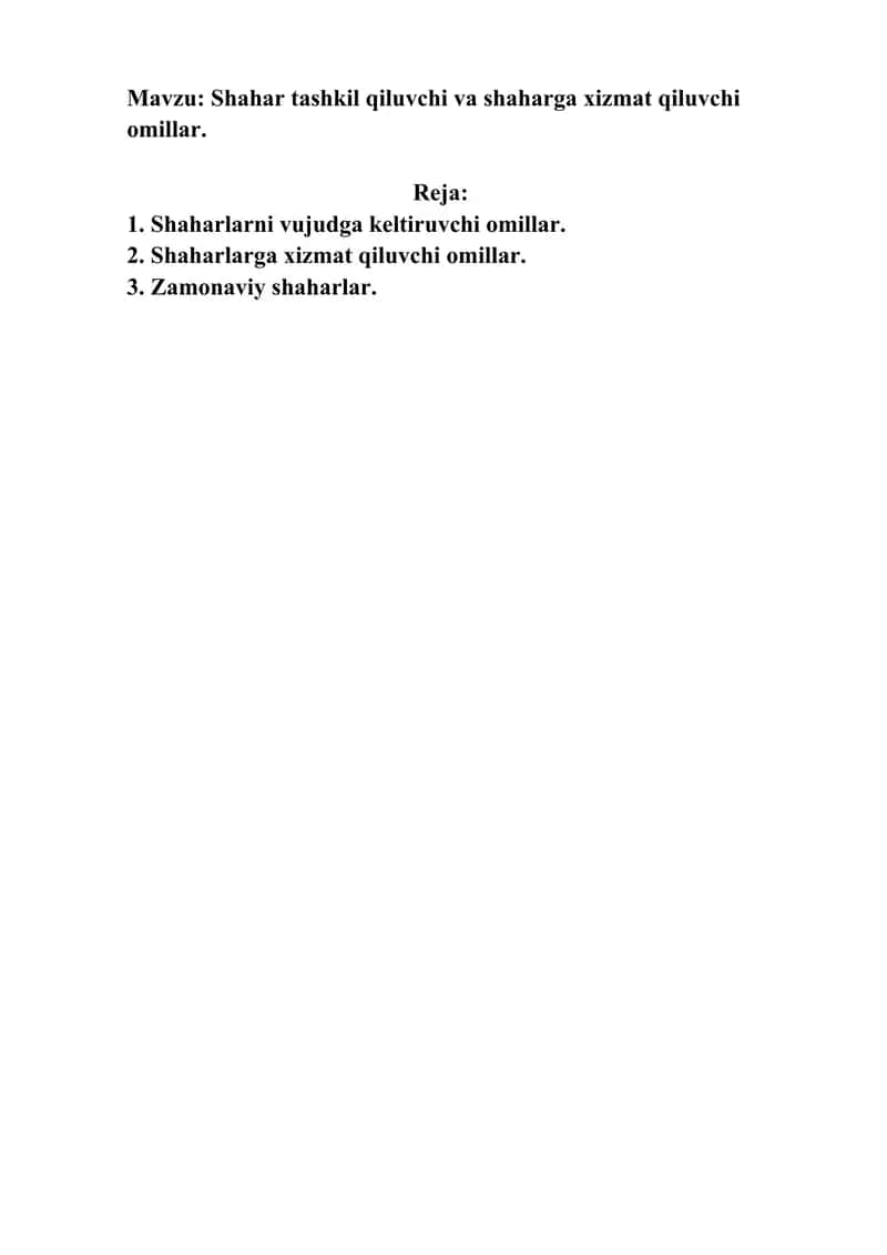 Shaharlar geografiyasi. Mustaqil ish. 1