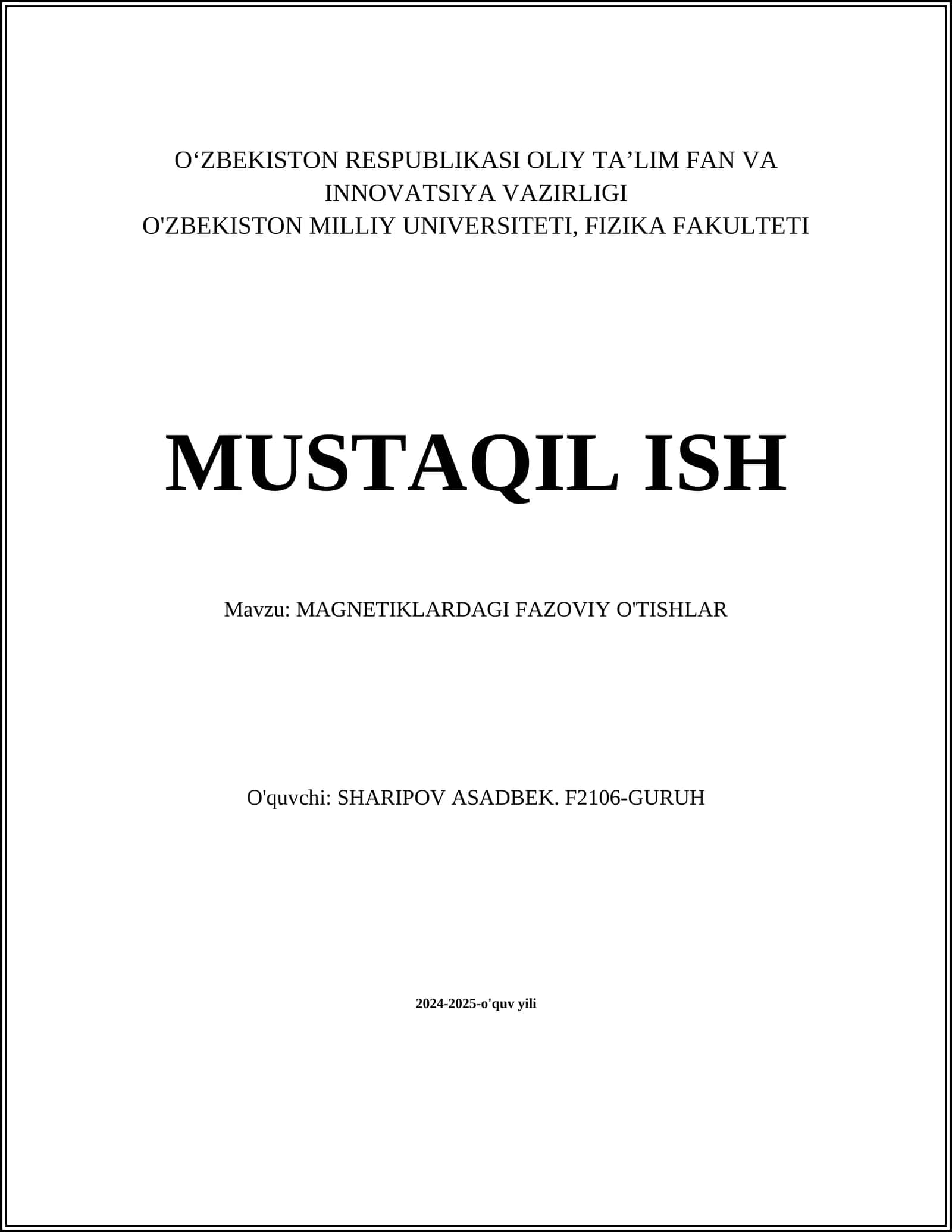 MAGNETIKLARDAGI FAZOVIY O'TISHLAR 1