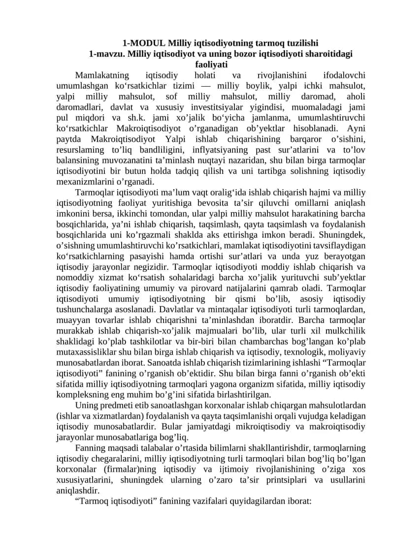 MODUL Milliy iqtisodiyotning tarmoq tuzilishi 1