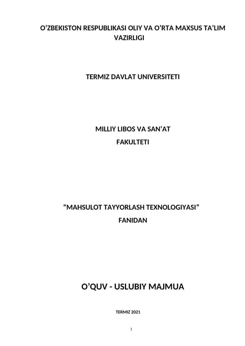 MAHSULOT TAYYORLASH TEXNOLOGIYASI 1