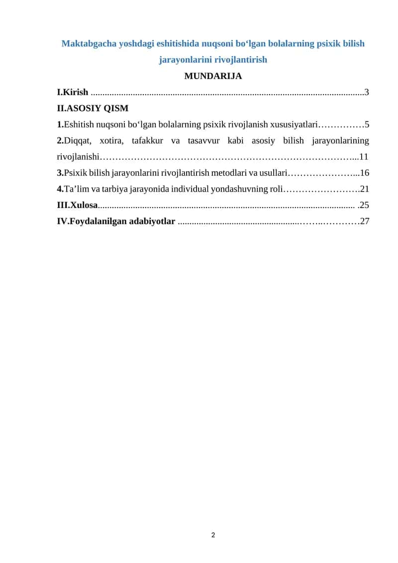 Maktabgacha yoshdagi eshitishida nuqsoni boʻlgan bolalarning psixik bilish jarayonlarini rivojlantirish