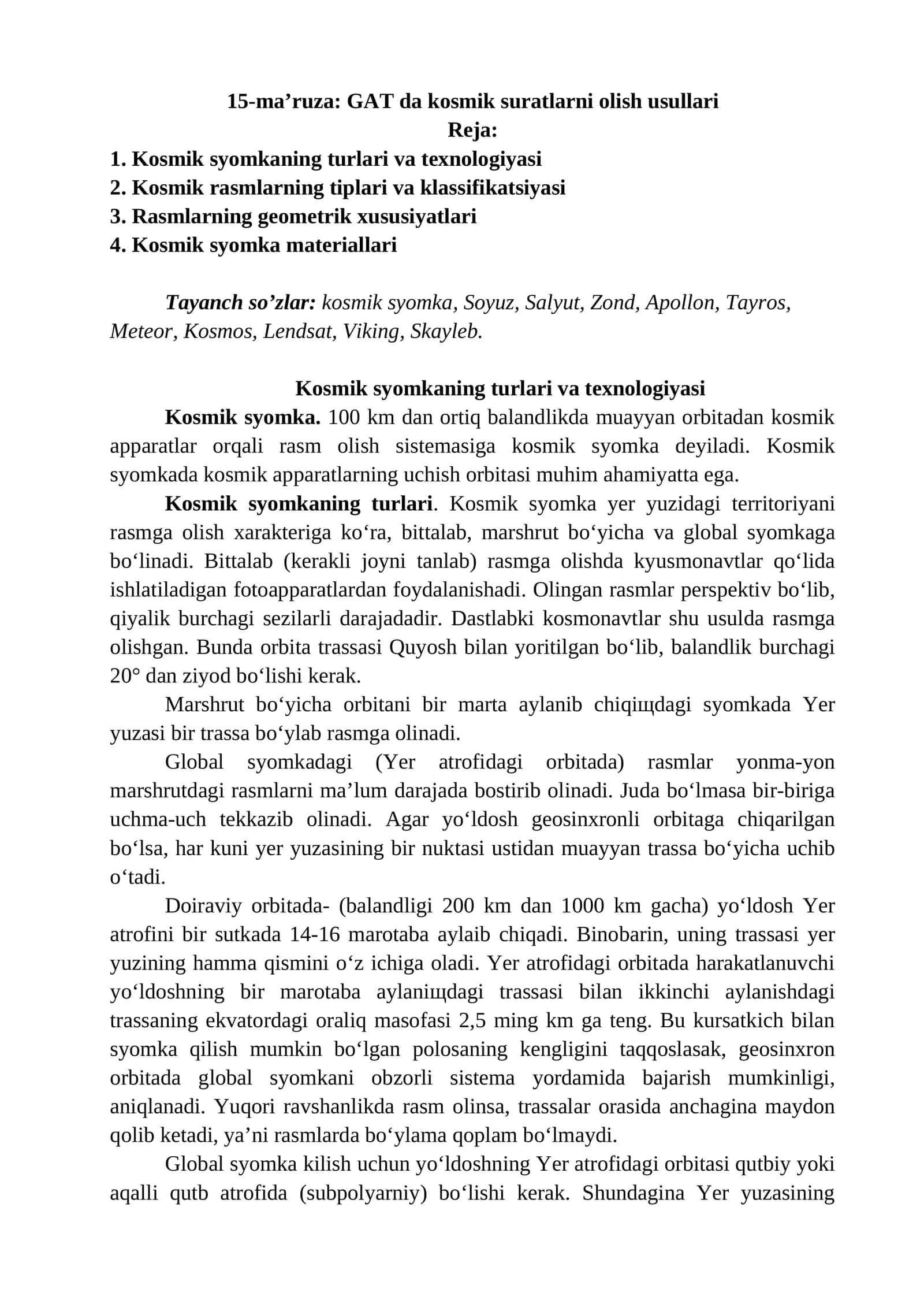 Kosmik syomkaning turlari va texnologiyasi 1