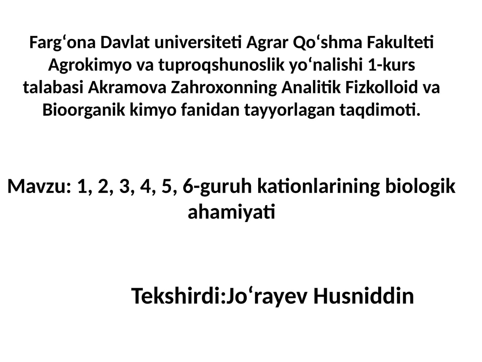 Analitik Fizkolloid va Bioorganik kimyo fanidan taqdimot 1