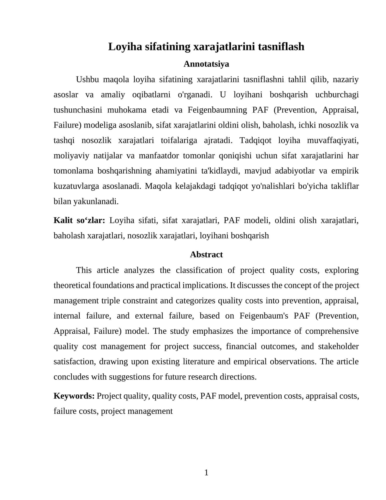 Loyiha sifatining xarajatlarini tasniflash 1