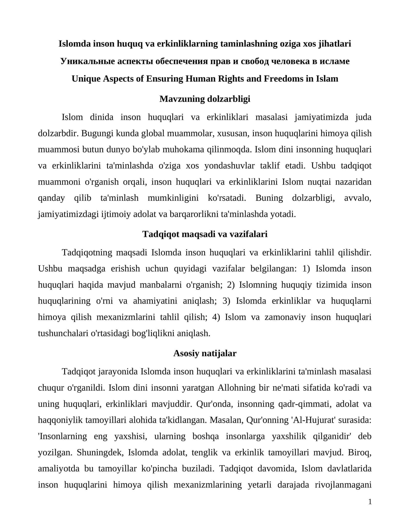 Islomda inson huquq va erkinliklarning taminlashning oziga xos jihatlari 1