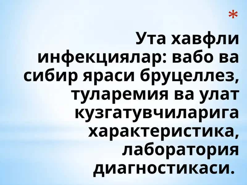 Ута хавфли инфекциялар: вабо ва сибир яраси бруцеллез, туларемия ва улат кузгатувчиларига характеристика, лаборатория диагностикаси 1