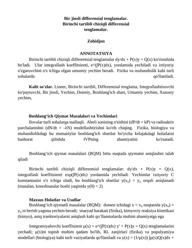 Birinchi tartibli chiziqli differensial tenglamalar 1