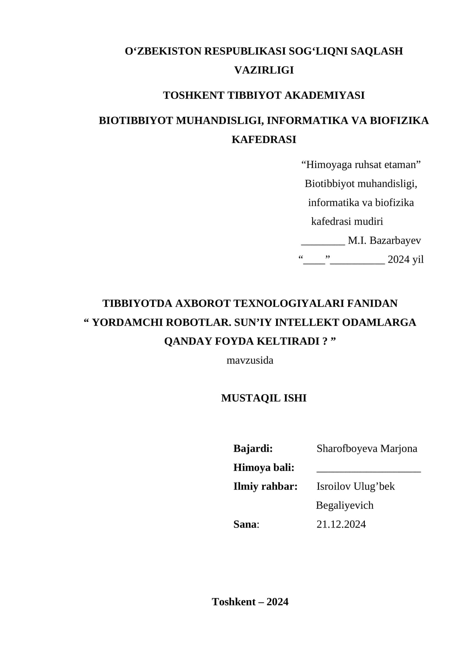 YORDAMCHI ROBOTLAR. SUN’IY INTELLEKT ODAMLARGA QANDAY FOYDA KELTIRADI? 1