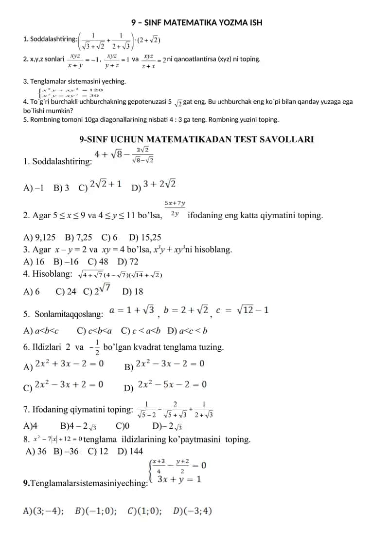 Matematikadan Olimpiada savollari 1