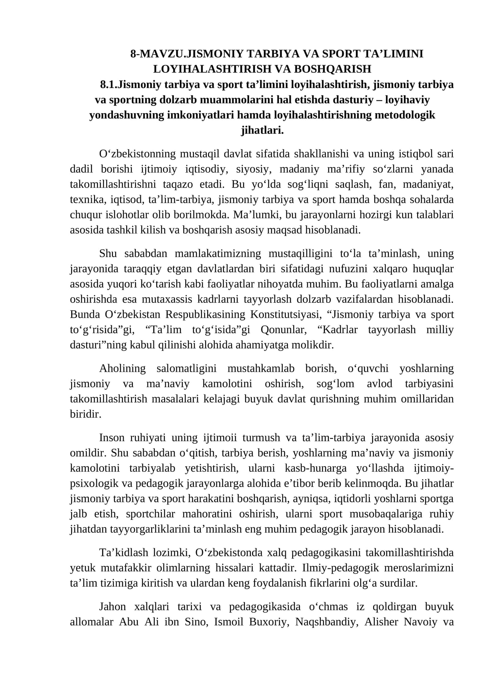 Jismoniy tarbiya va sport ta’limini loyihalashtirish va boshqarish 1