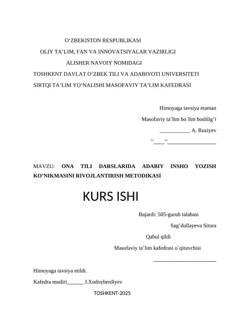 ONA TILI DARSLARIDA ADABIY INSHO YOZISH KO’NIKMASINI RIVOJLANTIRISH METODIKASI 1