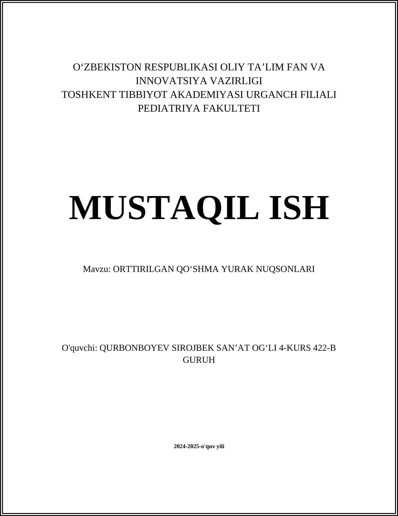 ORTTIRILGAN YURAK NUQSONLARI 1