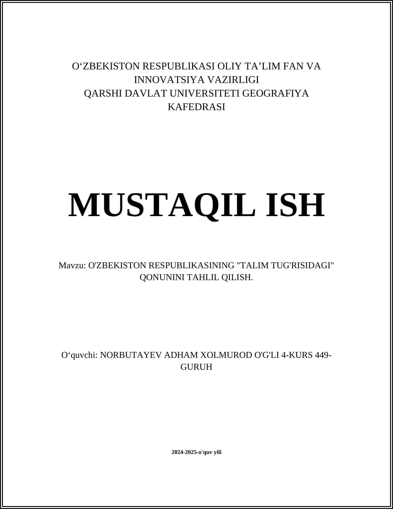 O‘zbekiston Respublikasining "Talim tug'risidagi" Qonunini Tahlil Qilish 1