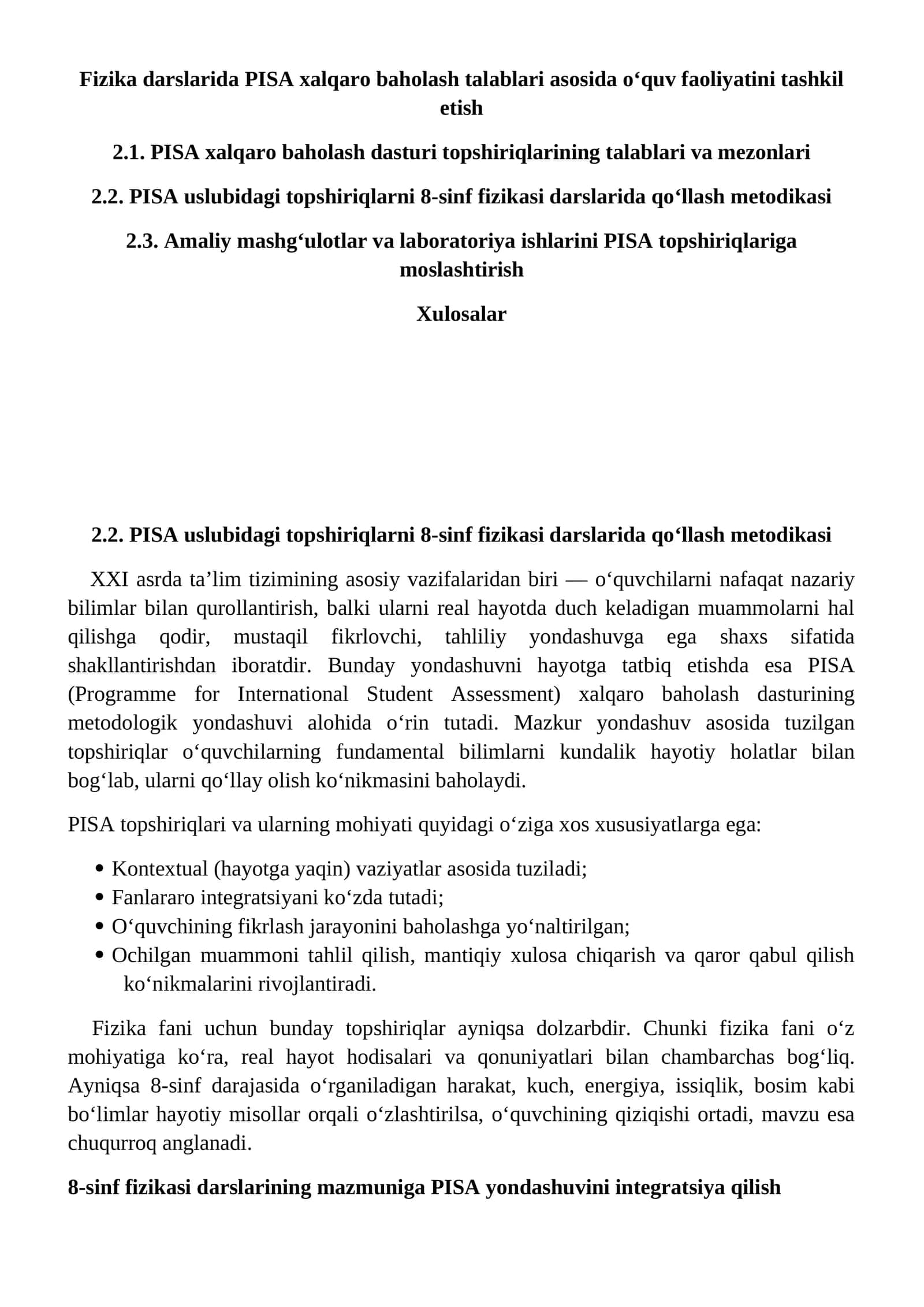 PISA xalqaro baholash talablari asosida Fizika darslarida o‘quv faoliyatini tashkil etish 1