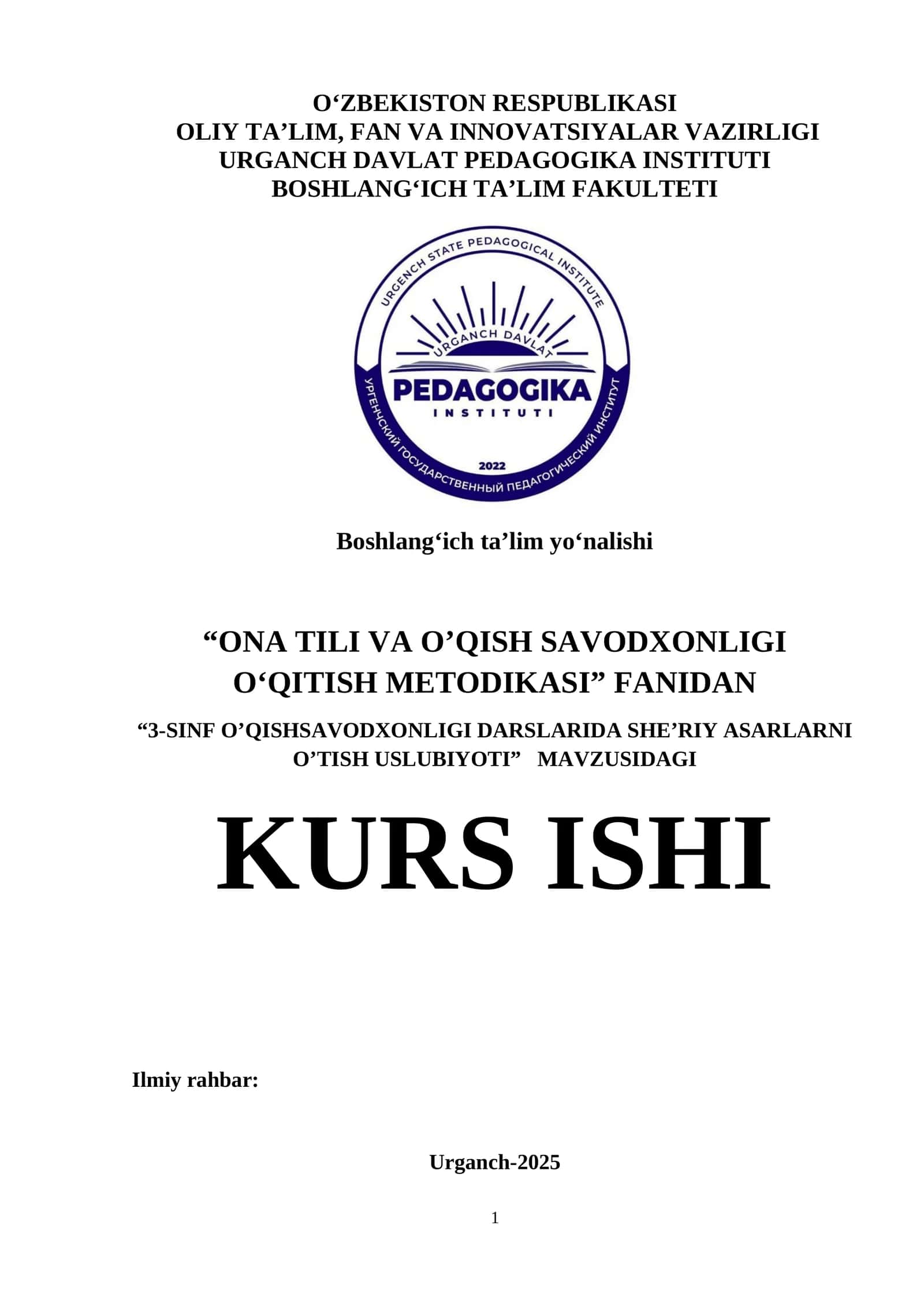 3-SINF O’QISHSAVODXONLIGI DARSLARIDA SHE’RIY ASARLARNI O’TISH USLUBIYOTI 1
