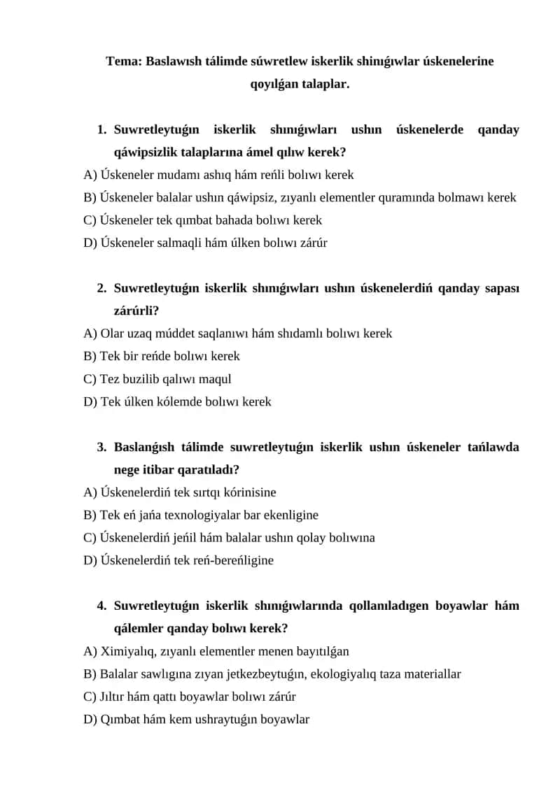 Baslanǵısh tálimde suwretleytuǵın iskerlik shınıǵıwları 1