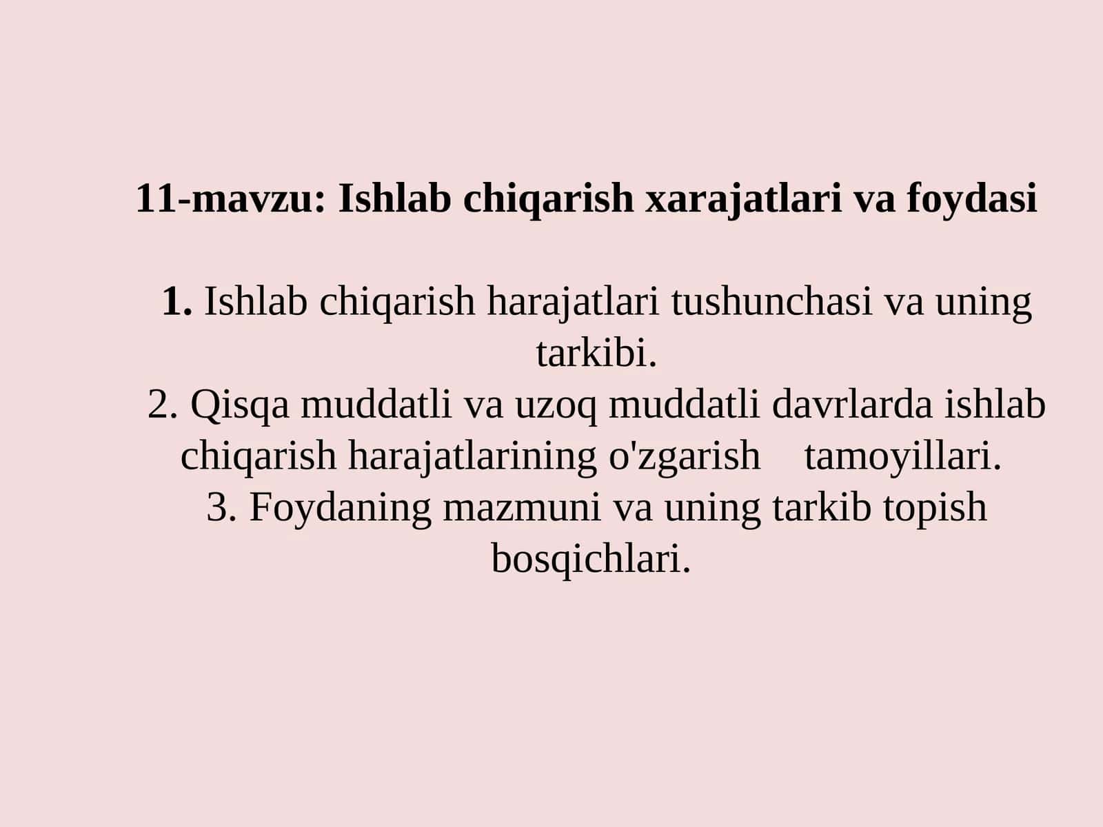 Ishlab chiqarish xarajatlari va foydasi 1