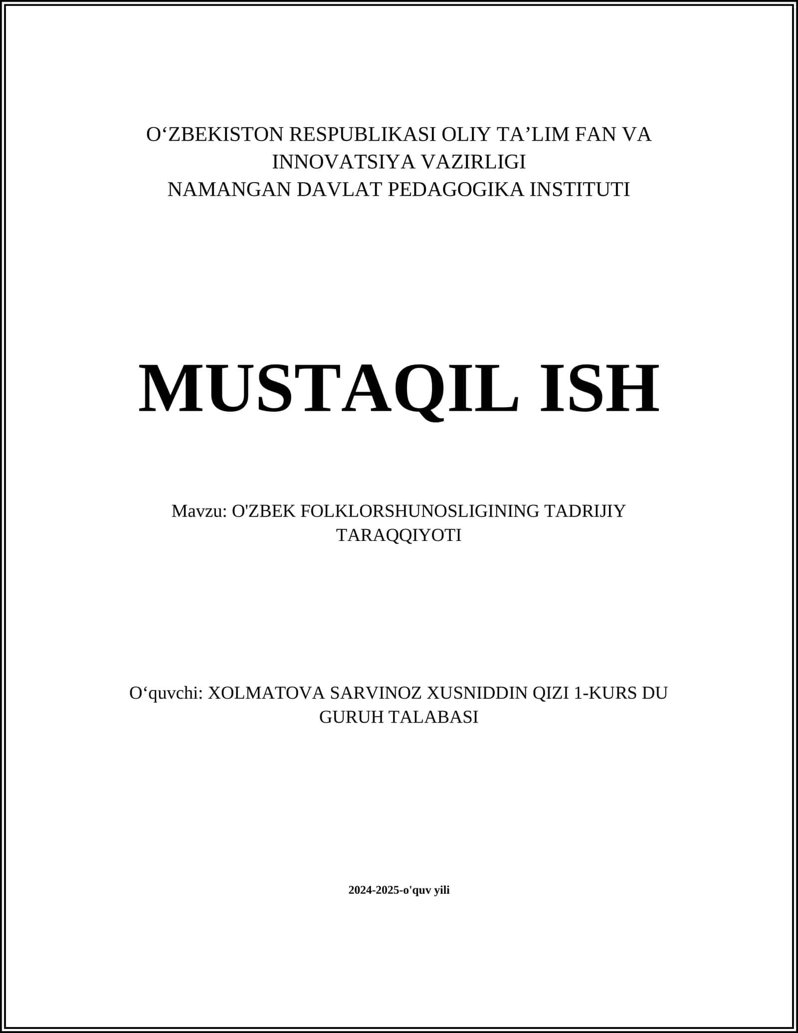 O'ZBEK FOLKLORSHUNOSLIGINING TADRIJIY TARAQQIYOTI 1