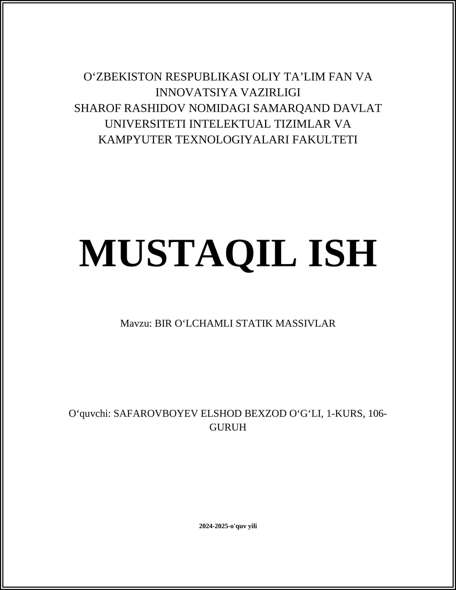 BIR OʻLCHAMLI STATIK MASSIVLAR 1