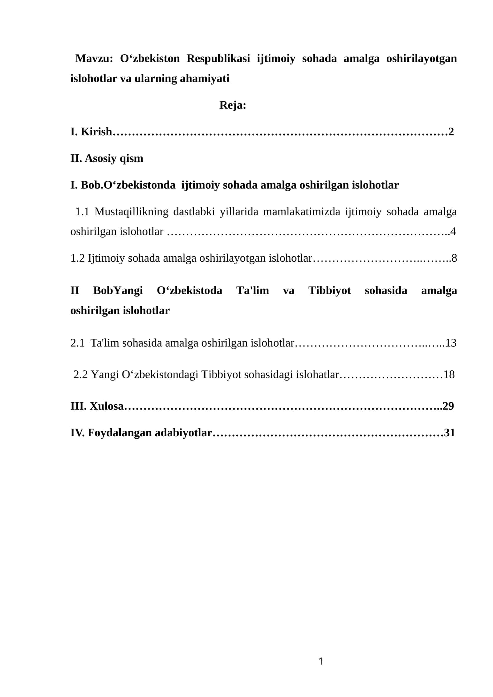 O‘zbekiston Respublikasi ijtimoiy sohada amalga oshirilayotgan islohotlar va ularning ahamiyati 1