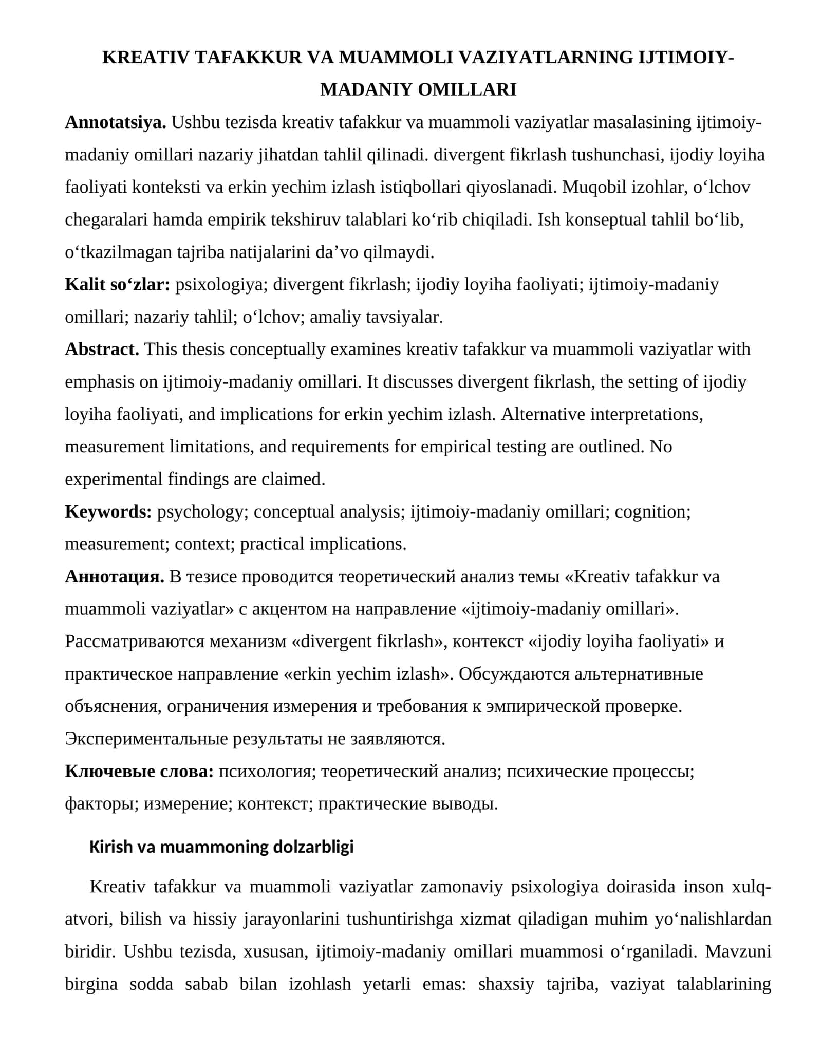 KREATIV TAFAKKUR VA MUAMMOLI VAZIYATLARNING IJTIMOIY-MADANIY OMILLARI 1