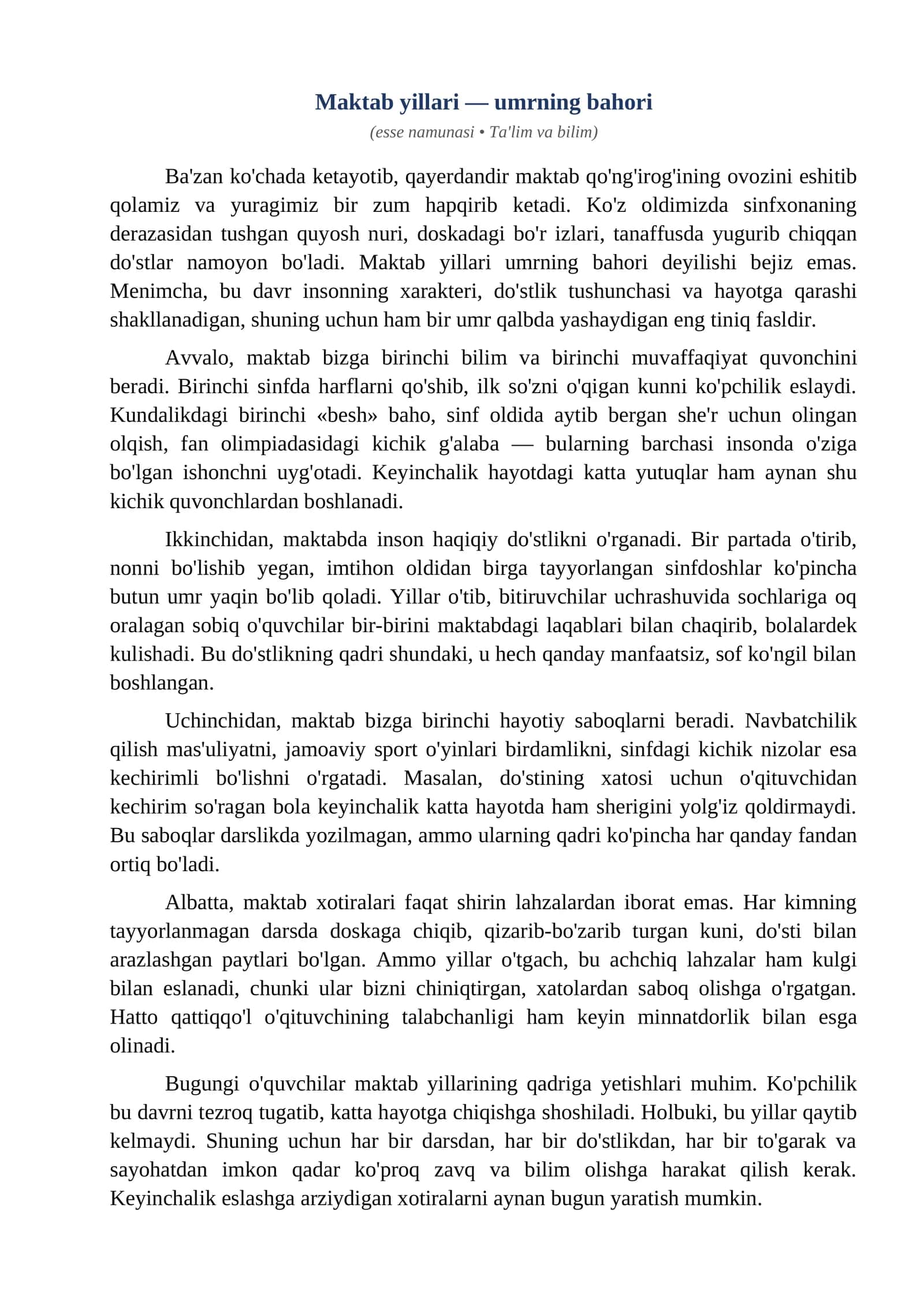 Esse Maktab yillari umrning bahori 1