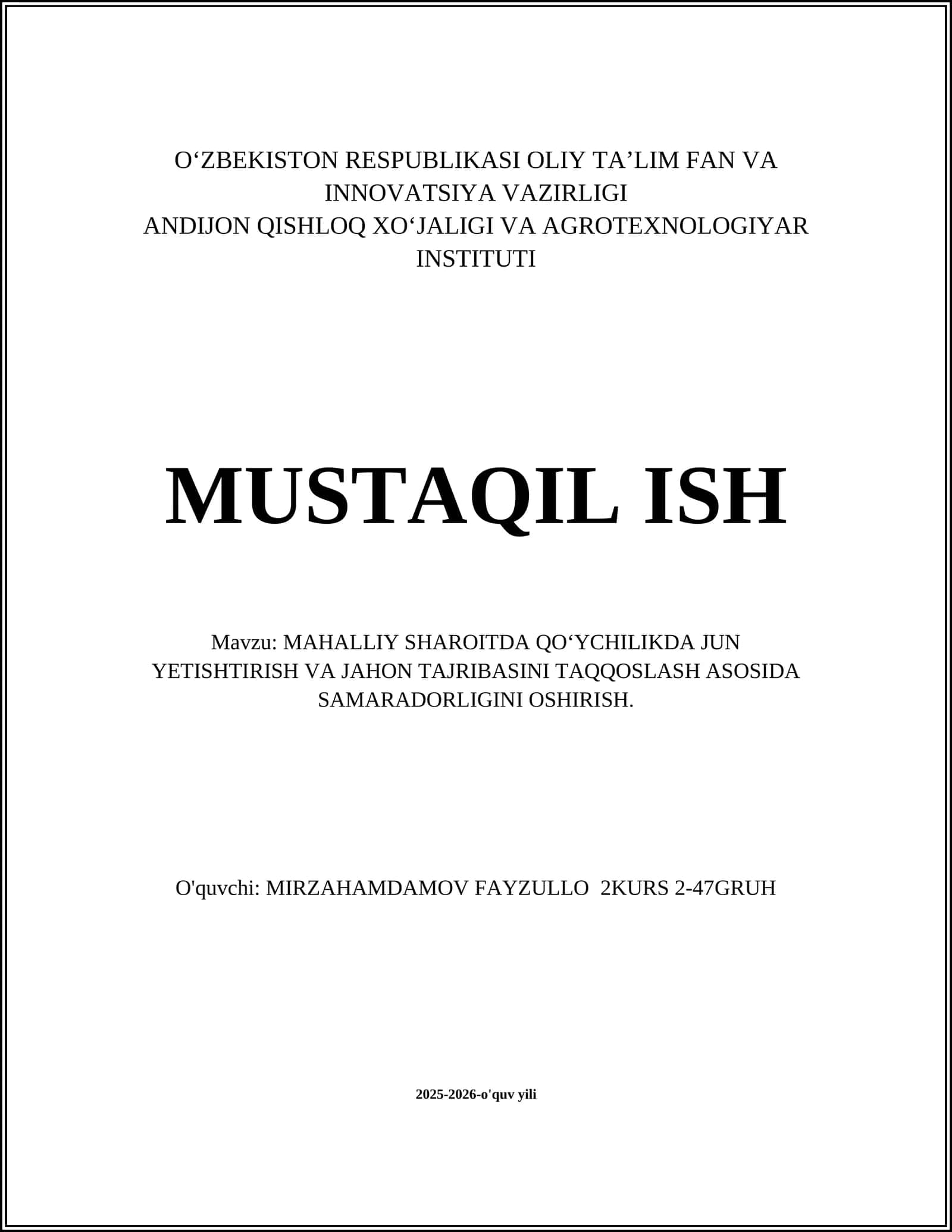 MAHALLIY SHAROITDA QOʻYCHILIKDA JUN YETISHTIRISH VA JAHON TAJRIBASINI TAQQOSLASH ASOSIDA SAMARADORLIGINI OSHIRISH 1