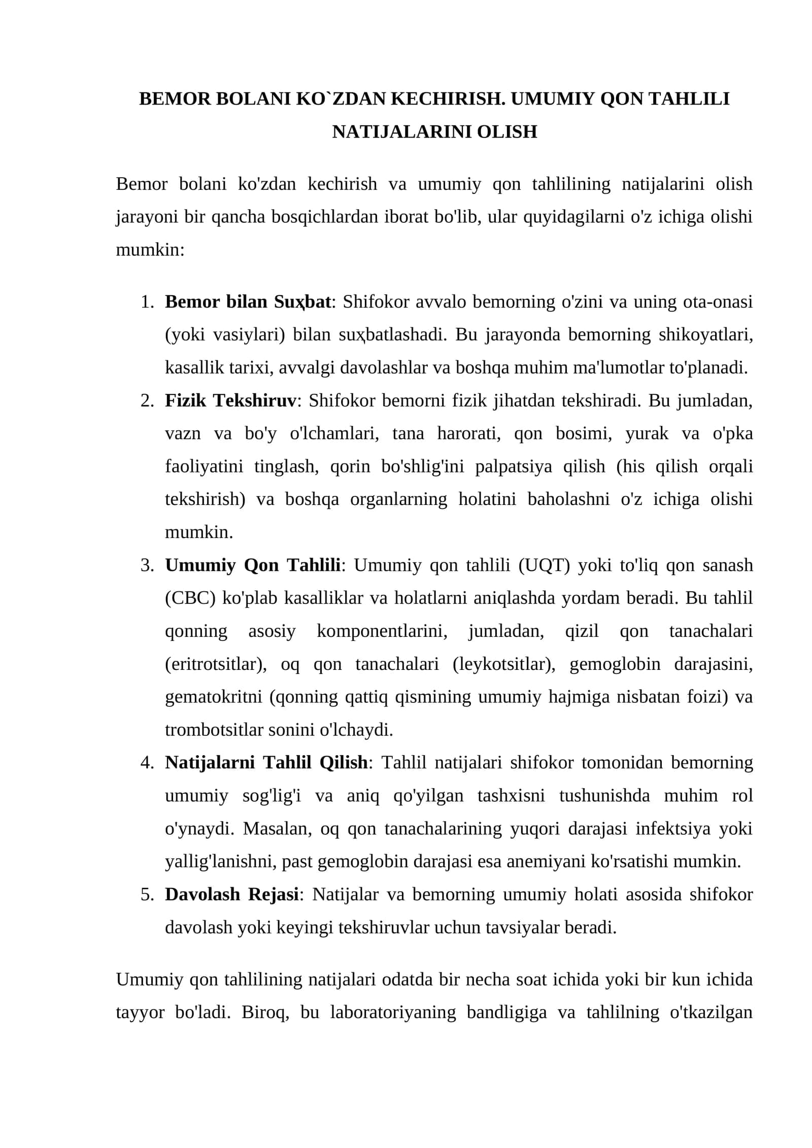 Bemor bolani ko'zdan kechirish va umumiy qon tahlilining natijalarini olash 1