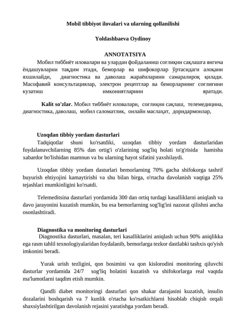 Mobil tibbiyot ilovalari va ularning qollanilishi 1