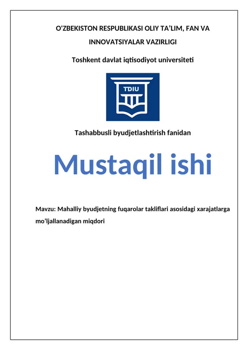 Mahalliy byudjetning fuqarolar takliflari asosidagi xarajatlarga mo’ljallanadigan miqdori 1