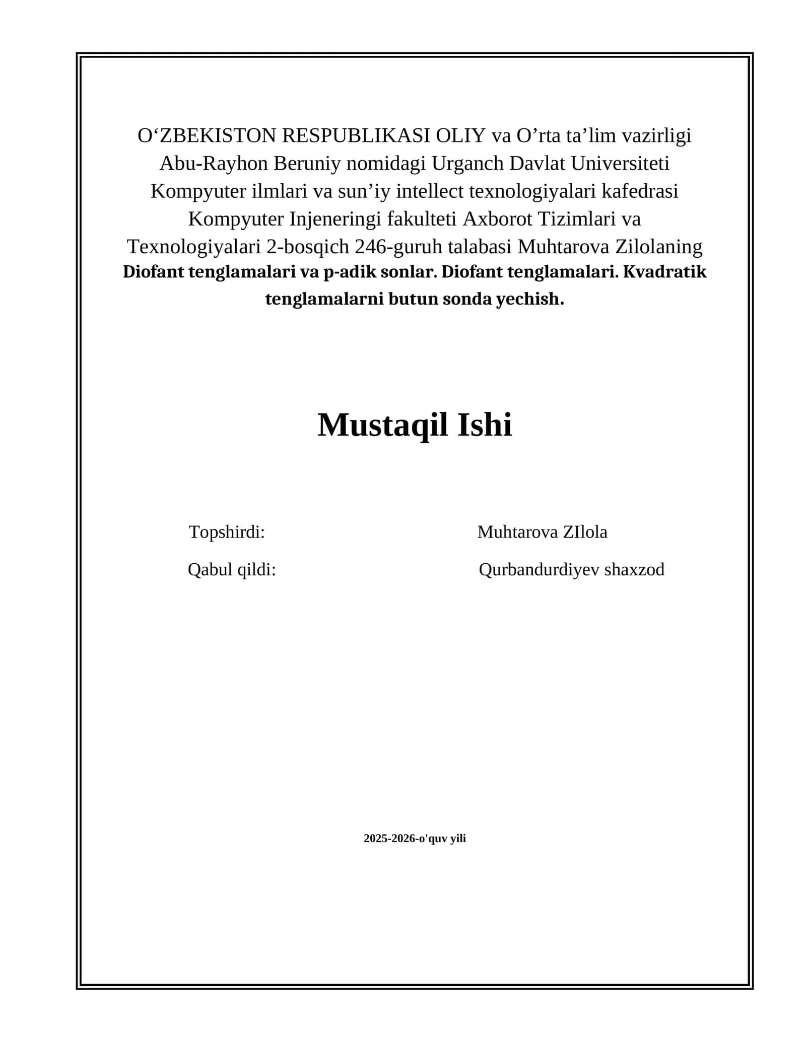 Diofant tenglamalari va p-adik. Kvadratik tenglamalarni butun sonda yechish 1
