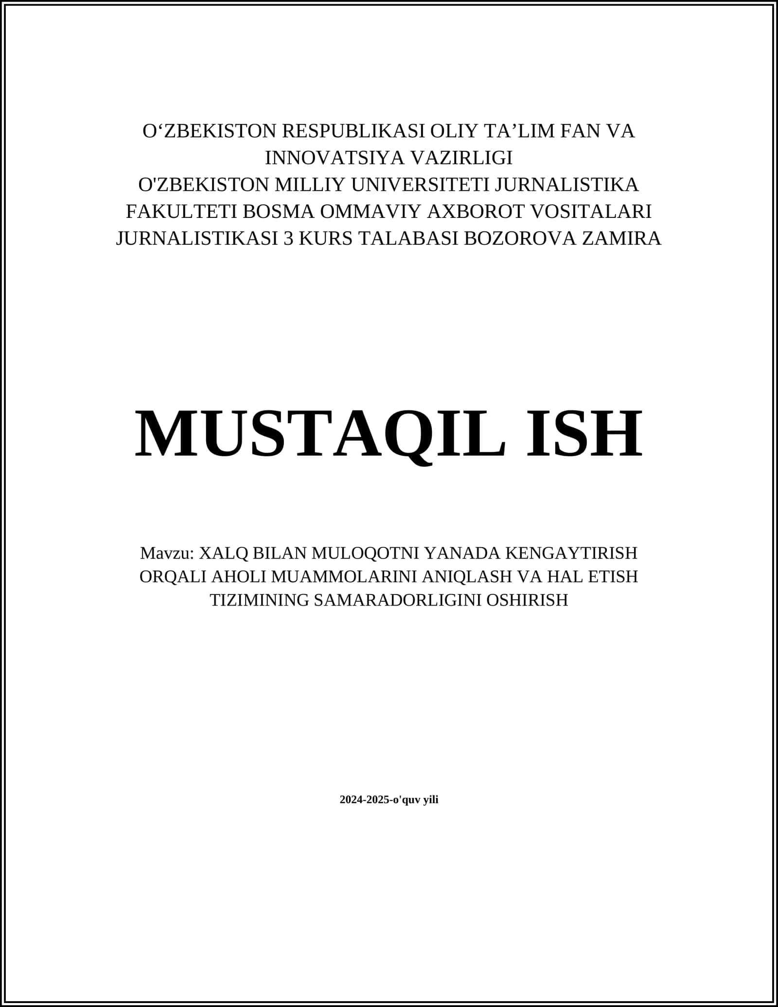 XALQ BILAN MULOQOTNI YANADA KENGAYTIRISH ORQALI AHOLI MUAMMOLARINI ANIQLASH VA HAL ETISH TIZIMINING SAMARADORLIGINI OSHIRISH 1