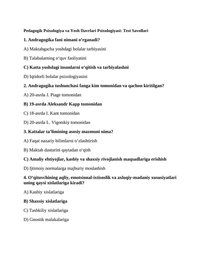 Pedagogik Psixologiya va Yosh Davrlari Psixologiyasi: Test Savollari 1