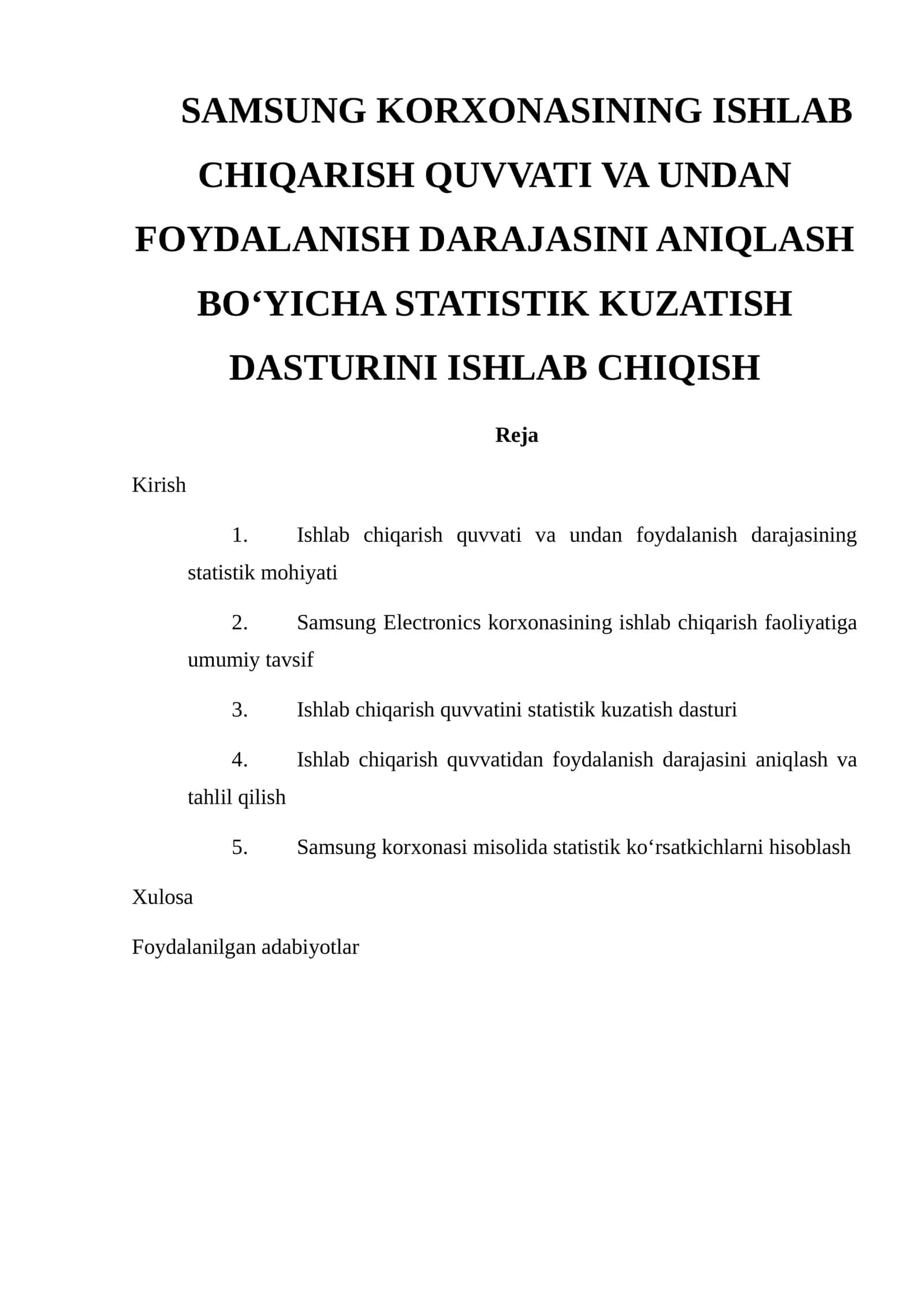 KORXONASINING ISHLAB CHIQARISH QUVVATI VA UNDAN FOYDALANISH DARAJASINI ANIQLASH BO‘YICHA STATISTIK KUZATISH DASTURINI ISHLAB CHIQISH 1