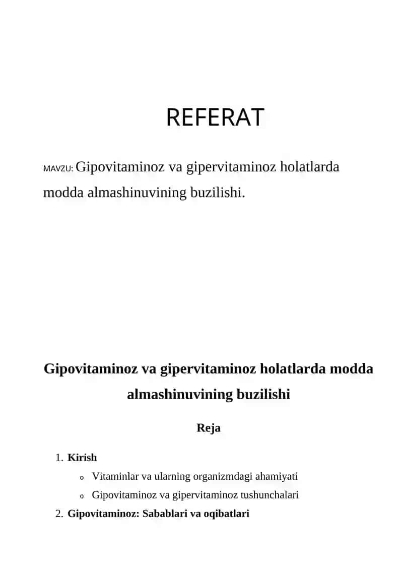 gipovitaminoz va gipervitaminoz   haqida referat
