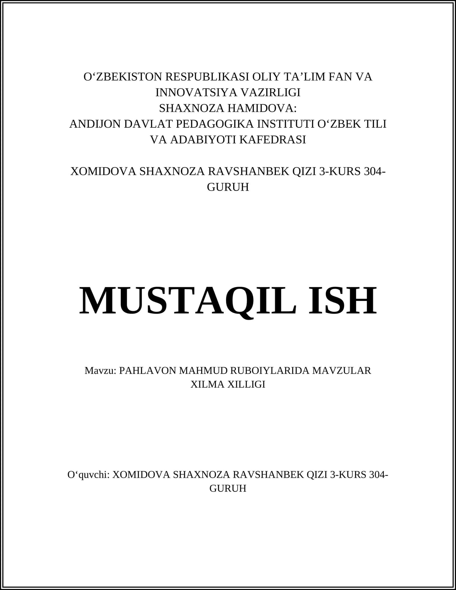 PAHLAVON MAHMUD RUBOIYLARIDA MAVZULAR XILMA XILLIGI 1