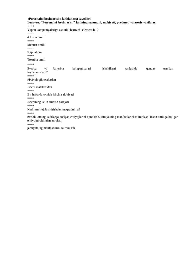 "Personalni boshqarish" fanidan test savollari 1