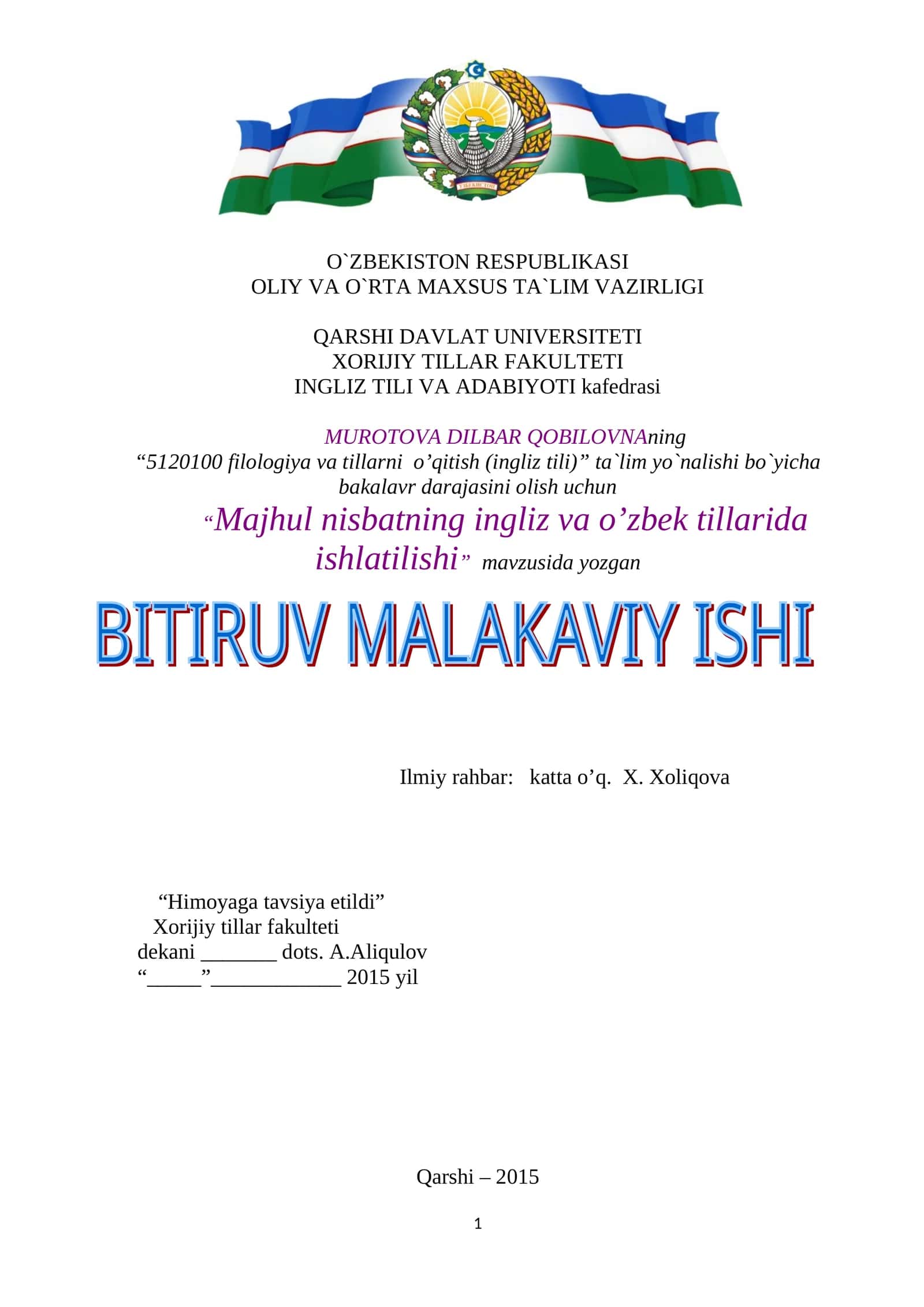 Majhul nisbatning ingliz va o’zbek tillarida ishlatilishi 1