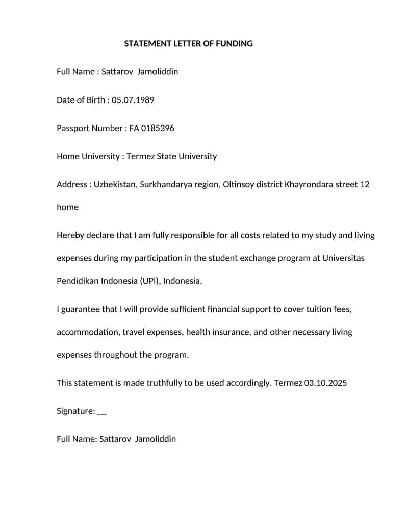 STATEMENT LETTER OF FUNDING 1