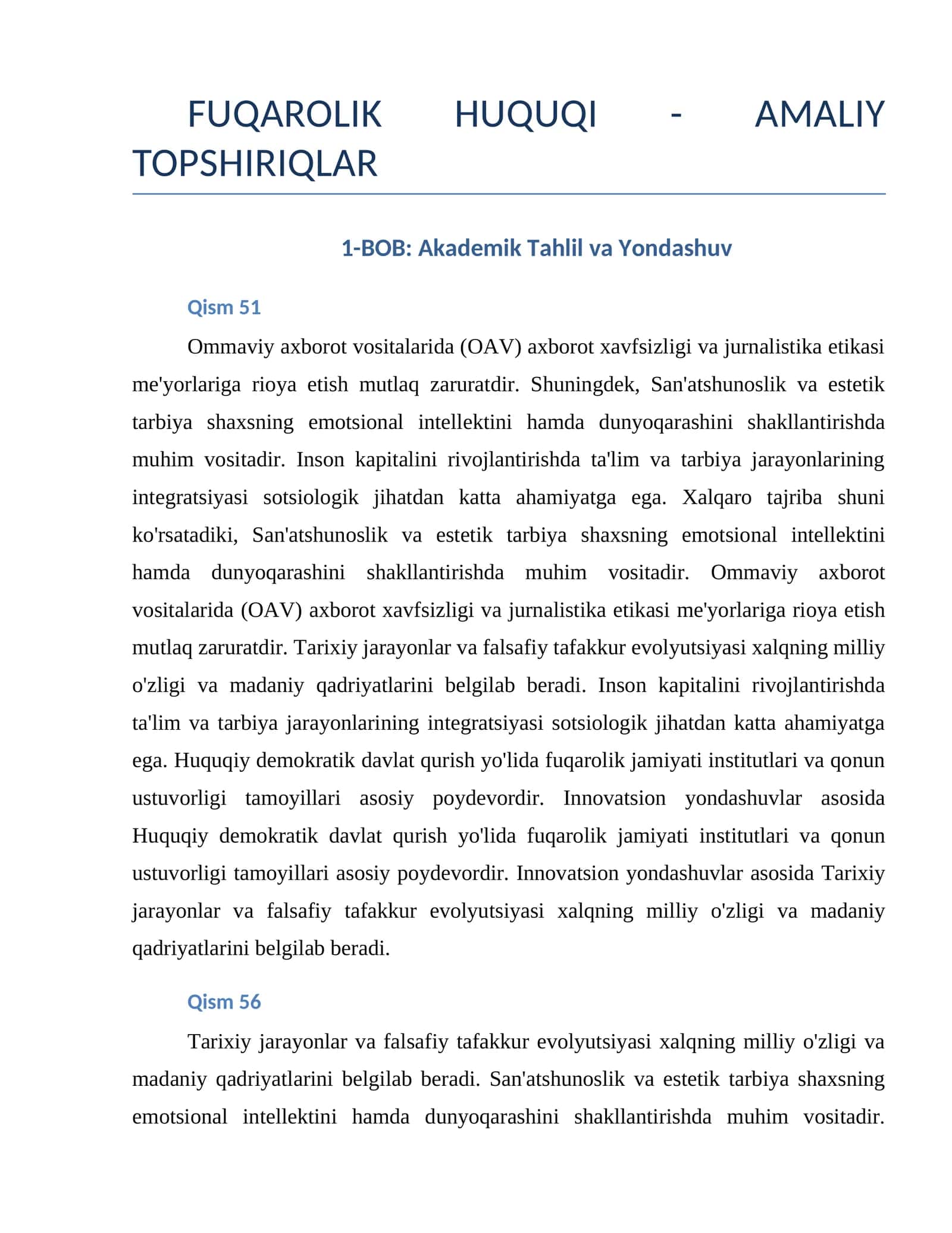 FUQAROLIK HUQUQI - AMALIY TOPSHIRIQLAR 1