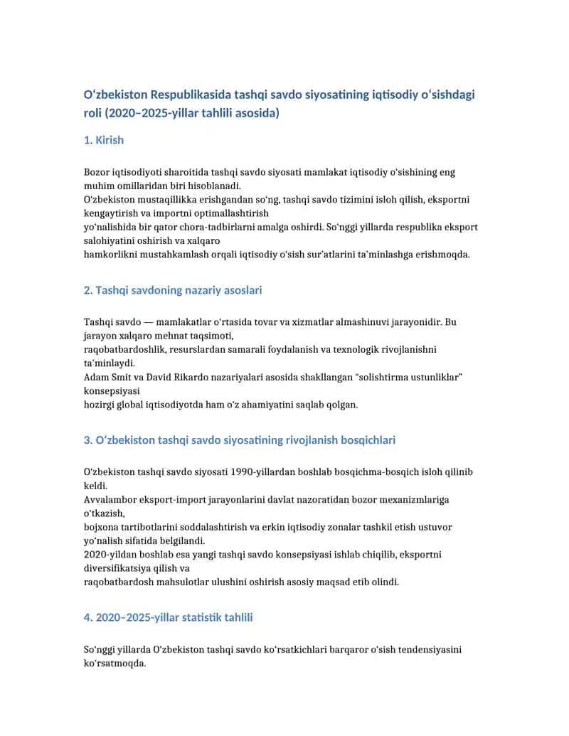 O‘zbekiston Respublikasida tashqi savdo siyosatining iqtisodiy o‘sishdagi roli (2020–2025-yillar tahlili asosida) 1