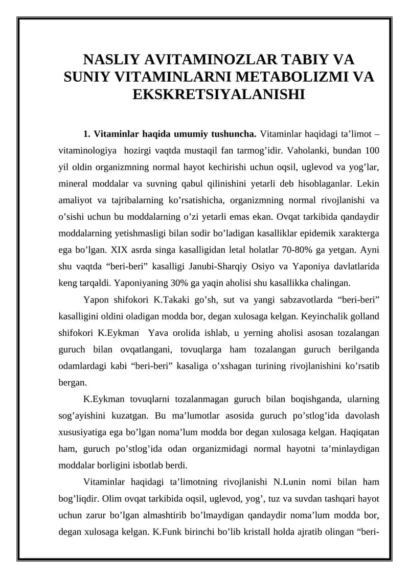 Vitaminlarning metabolizmi va ekskretsionalanishi 1