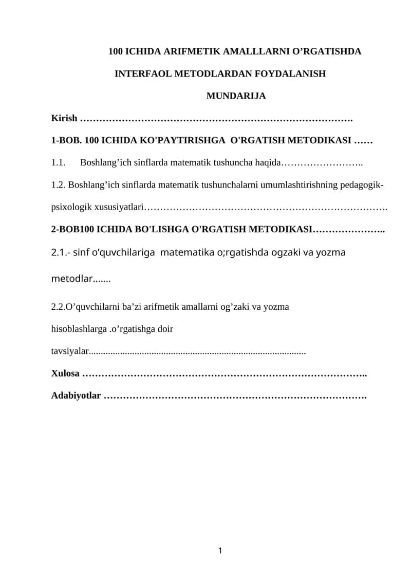 100 ICHIDA ARIFMETIK AMALLLARNI O’RGATISHDA INTERFAOL METODLARDAN FOYDALANISH 1