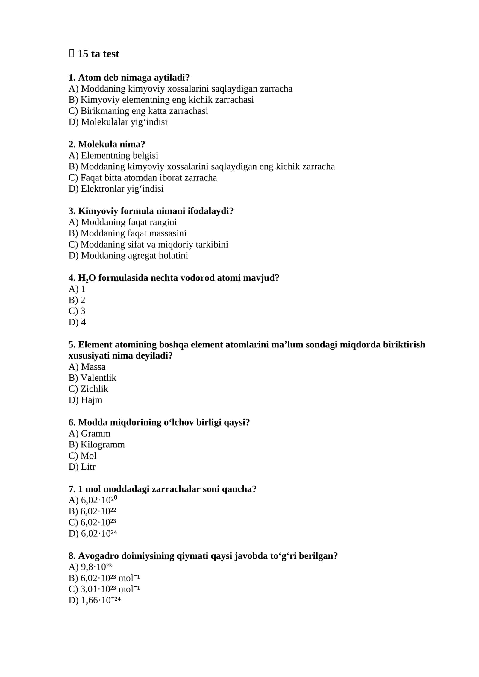 Kimyoviy test 1