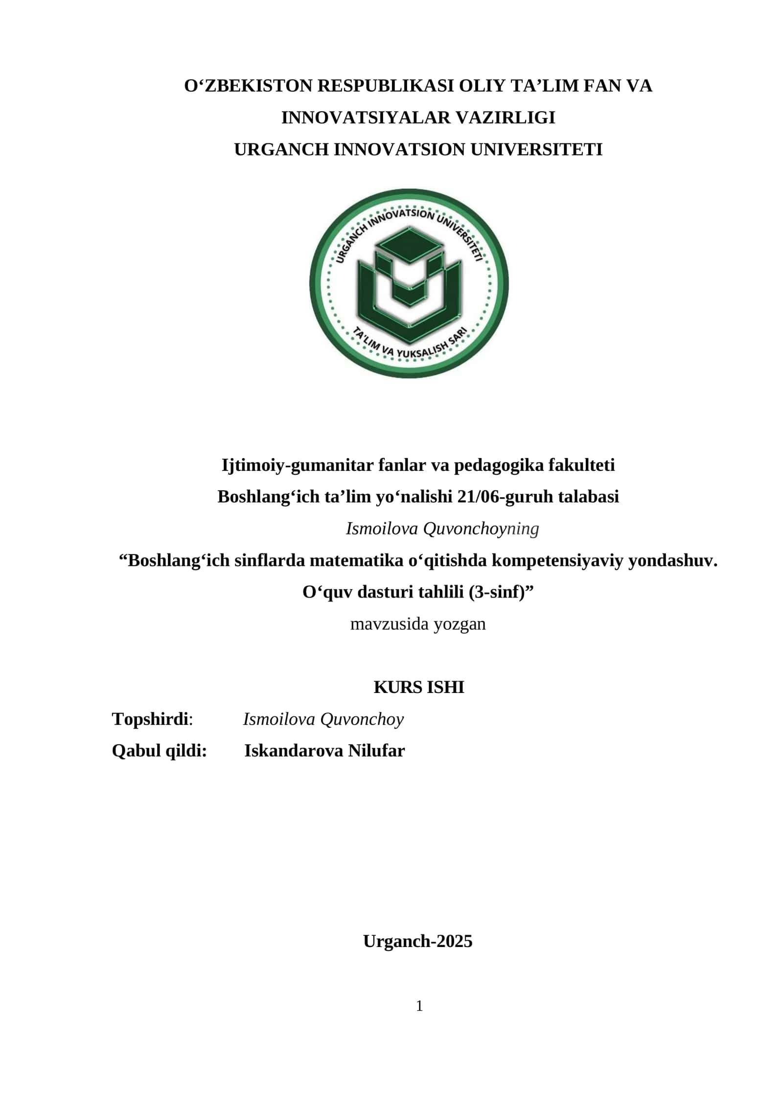 Boshlang‘ich sinflarda matematika o‘qitishda kompetensiyaviy yondashuv. O‘quv dasturi tahlili (3-sinf) 1