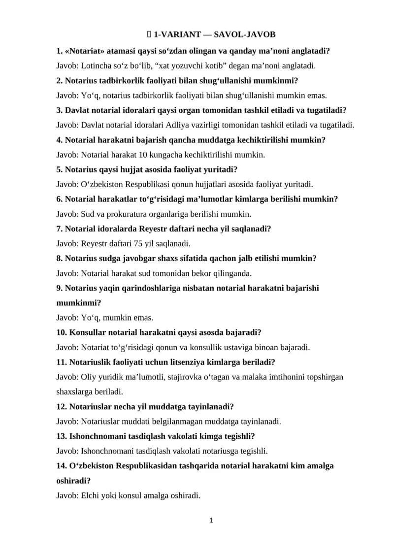 Notariat fanidan test javoblari 1